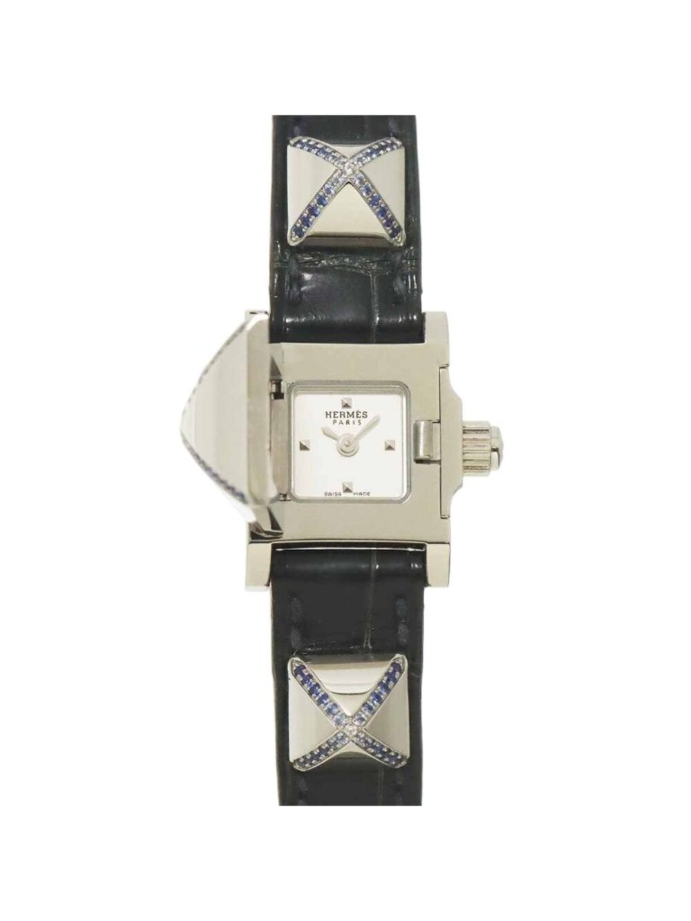 Hermes Medor Mini Watch Sapphire Pyramid Silver Studs Quartz